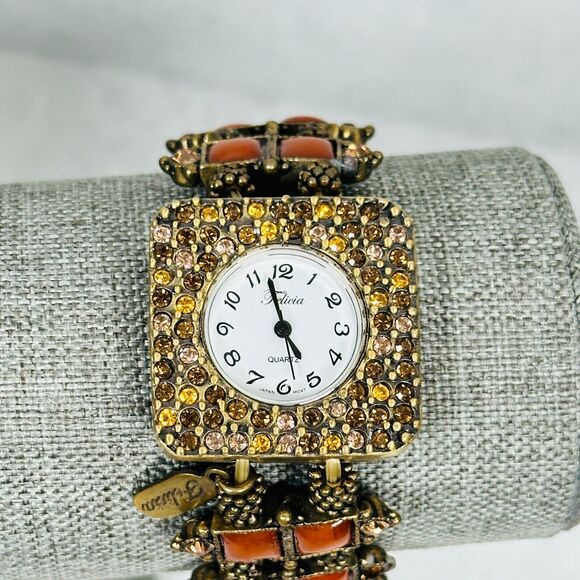 Felecia Watch Bracelet Rhinestone Stretchy Band 30mm Bronze Tone New Battery - Picture 2 of 8